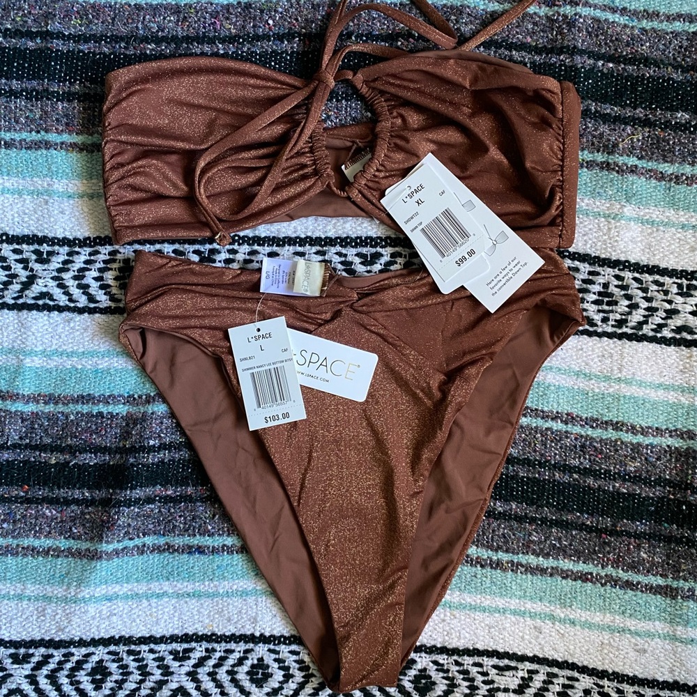 L*Space Shimmer Dawn Bikini Top and Nancy Lee Bikini Bottoms in Cafe.